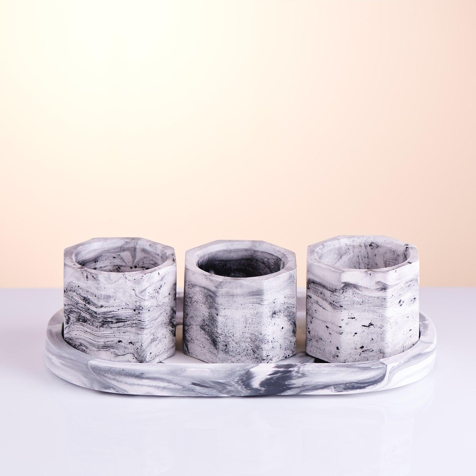 Set of 3 White/Marble/Black Tea Light Holders with Oval Tray & Soy Wax Tea Lights