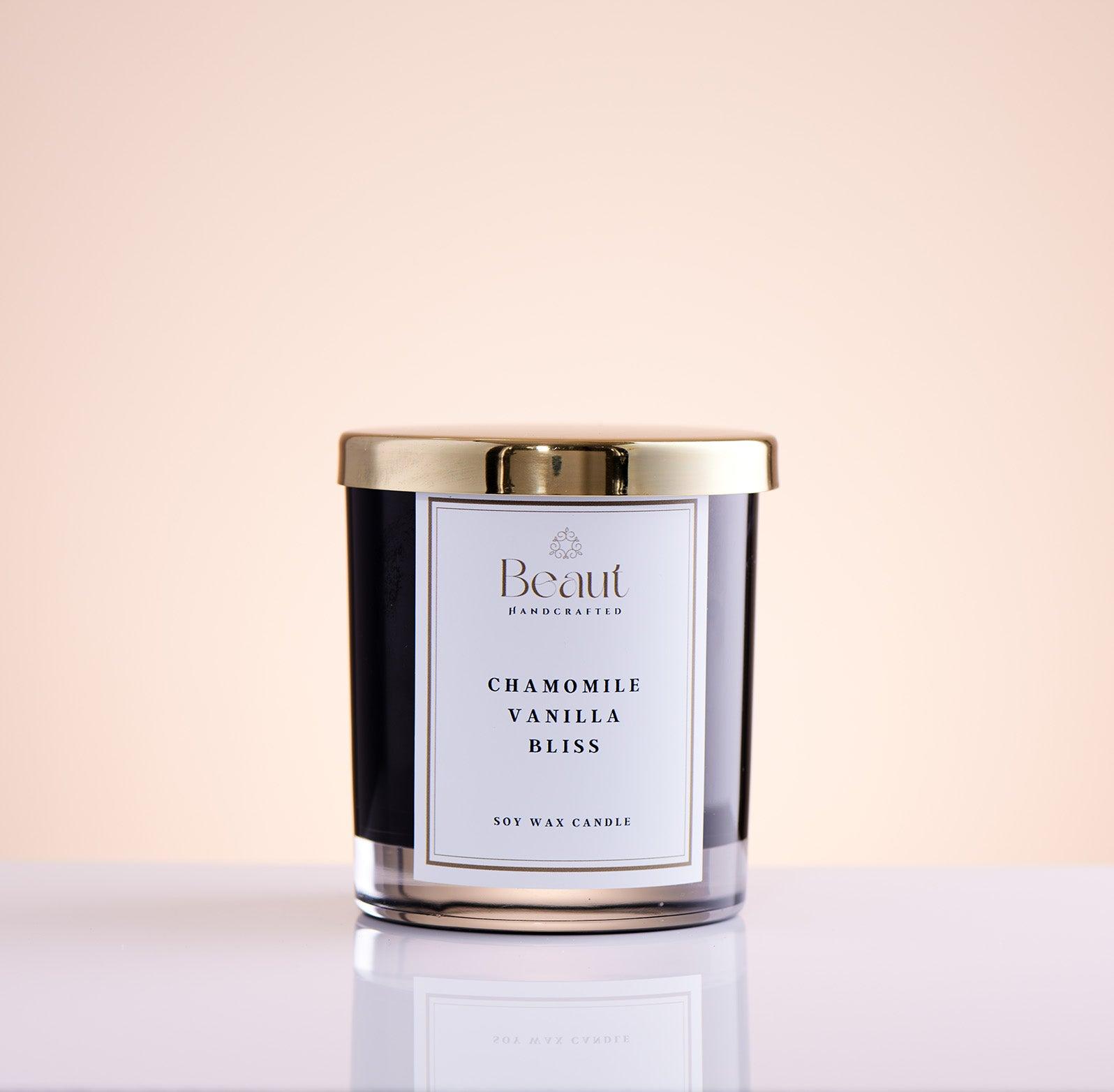 Chamomile Vanilla Bliss Soy Wax Candle in the glass container