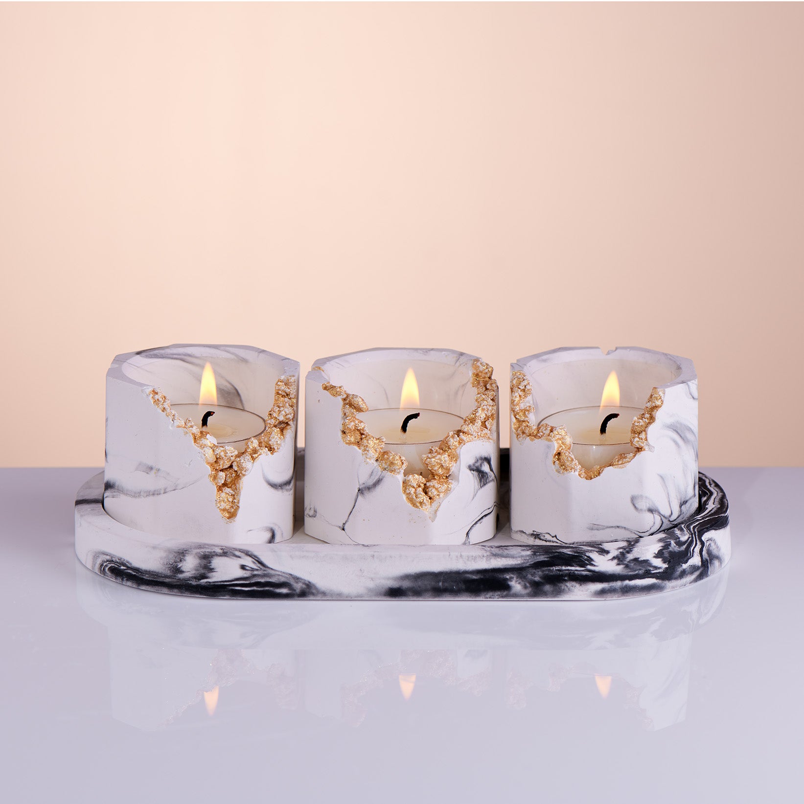 Set of 3 White/Marble/Black Tea Light Holders with Oval Tray & Soy Wax Tea Lights