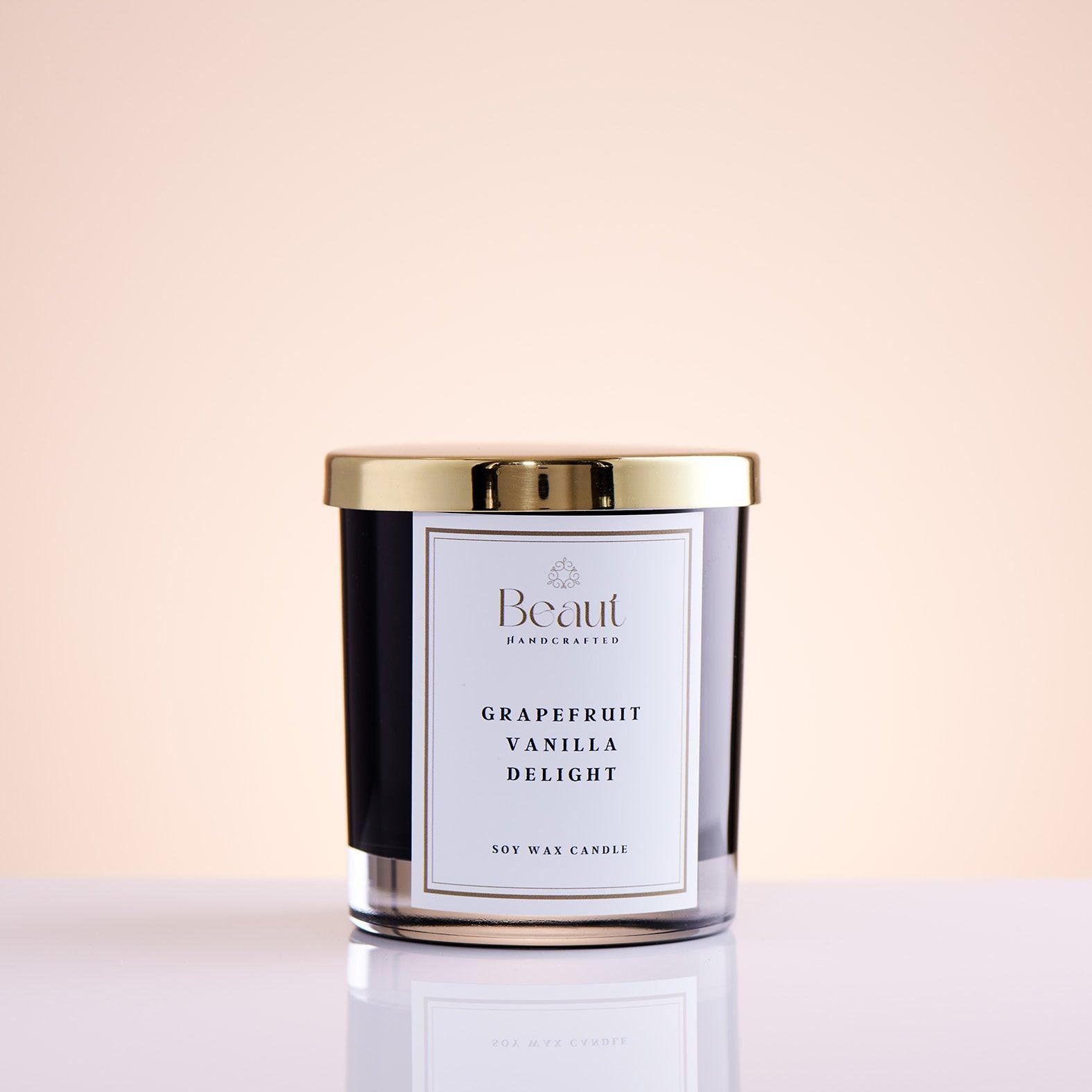 Grapefruit Vanilla Delight Soy Wax Candle in the glass container