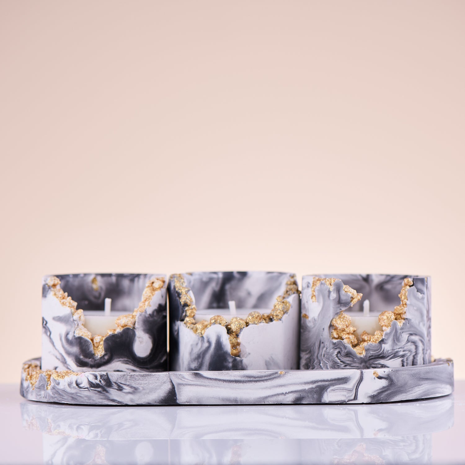 Set of 3 White/Marble/Black Tea Light Holders with Oval Tray & Soy Wax Tea Lights