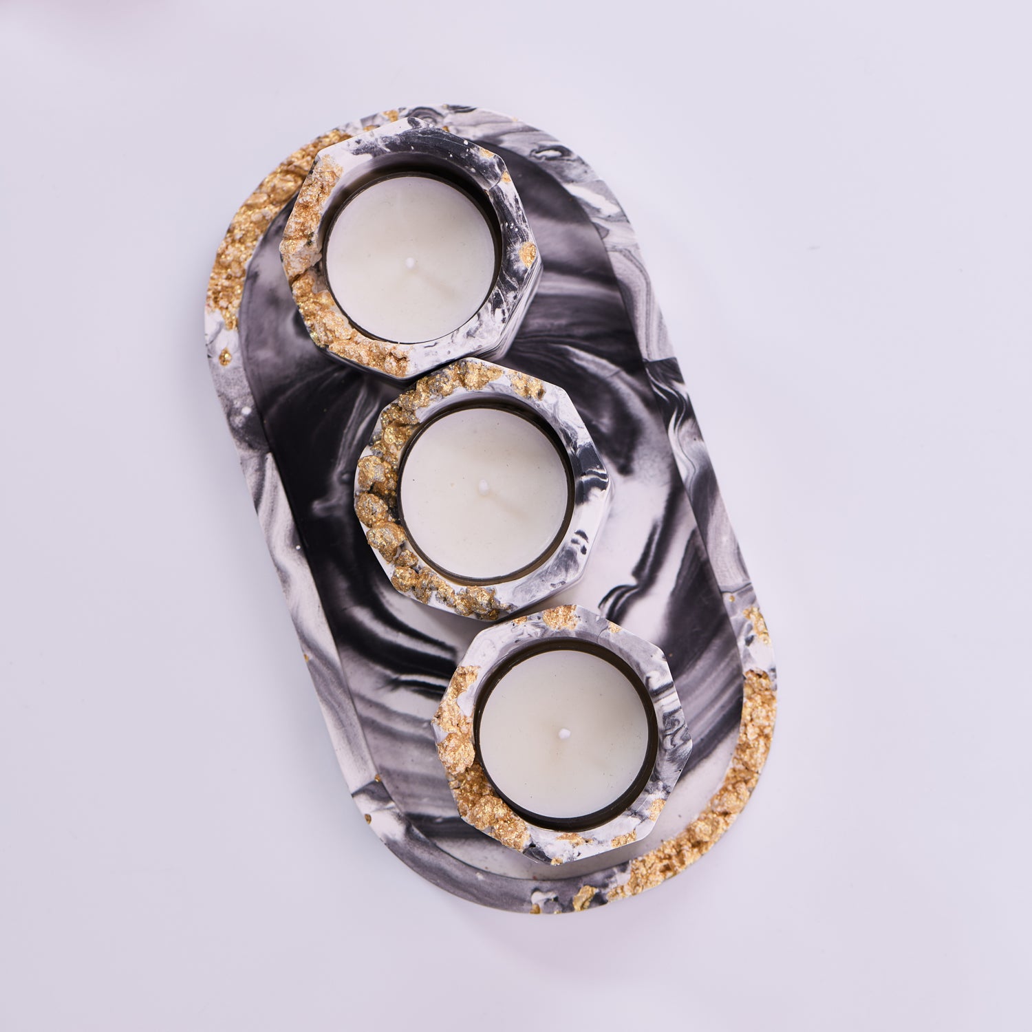 Set of 3 White/Marble/Black Tea Light Holders with Oval Tray & Soy Wax Tea Lights
