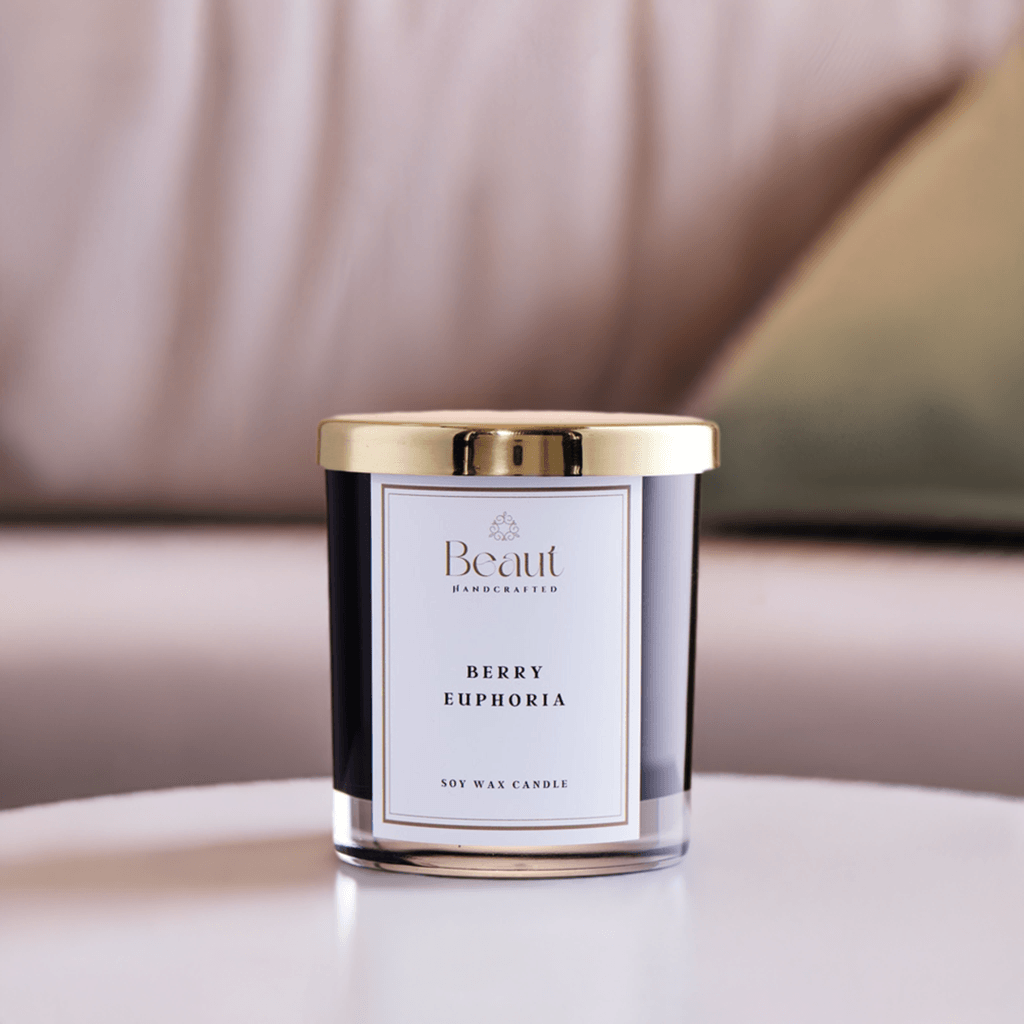 Berry Euphoria Soy Wax Candle in the glass container